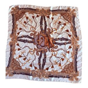 VTG Codello 100% Silk Equestrian Scarf Wrap Brown Gold Stirrup Bridle Handrolled